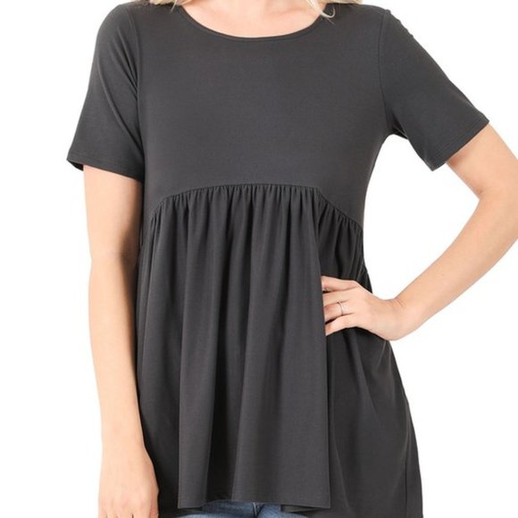 Baby Doll Brushed Waist Sheering Top, Ash Grey - Picture 1 of 2